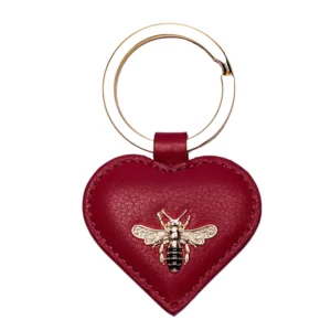 red leather keyring with mason bee image