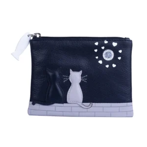 New Midnight Leather Cats Coin Purse - Black - Front View